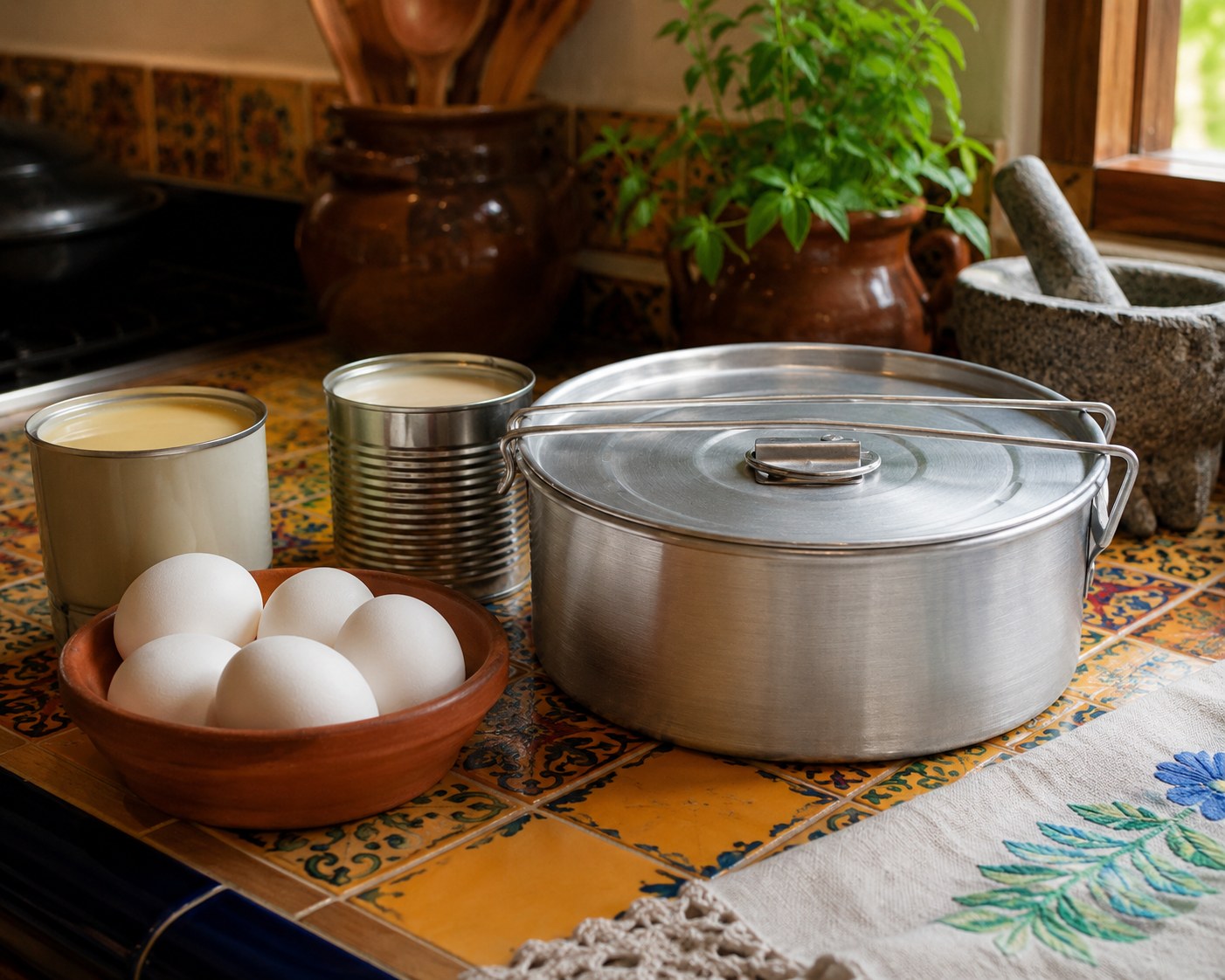 Traditional Mexican kitchen counter with a flan mold, eggs, and milk arranged for baking