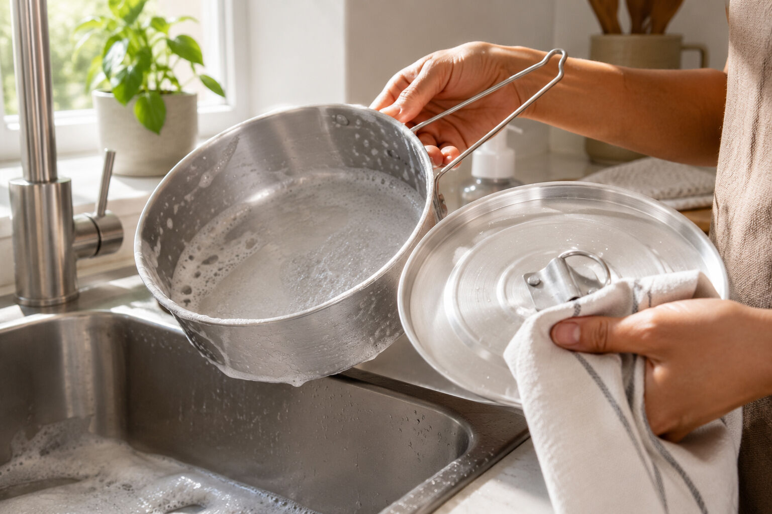A clean aluminum flanera with lid being hand-washed and dried