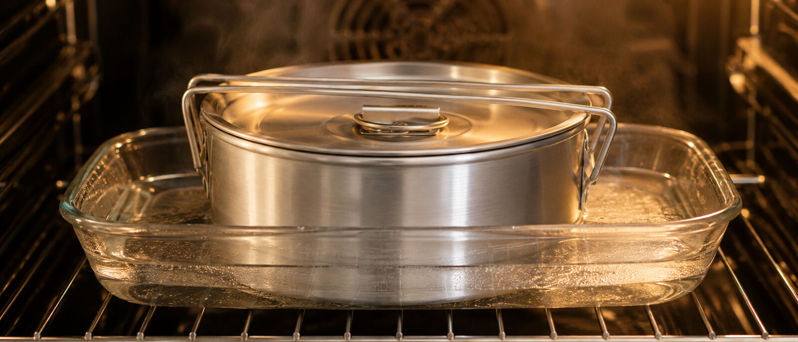 A covered flanera sitting in a larger pan of hot water inside the oven, ready to bake
