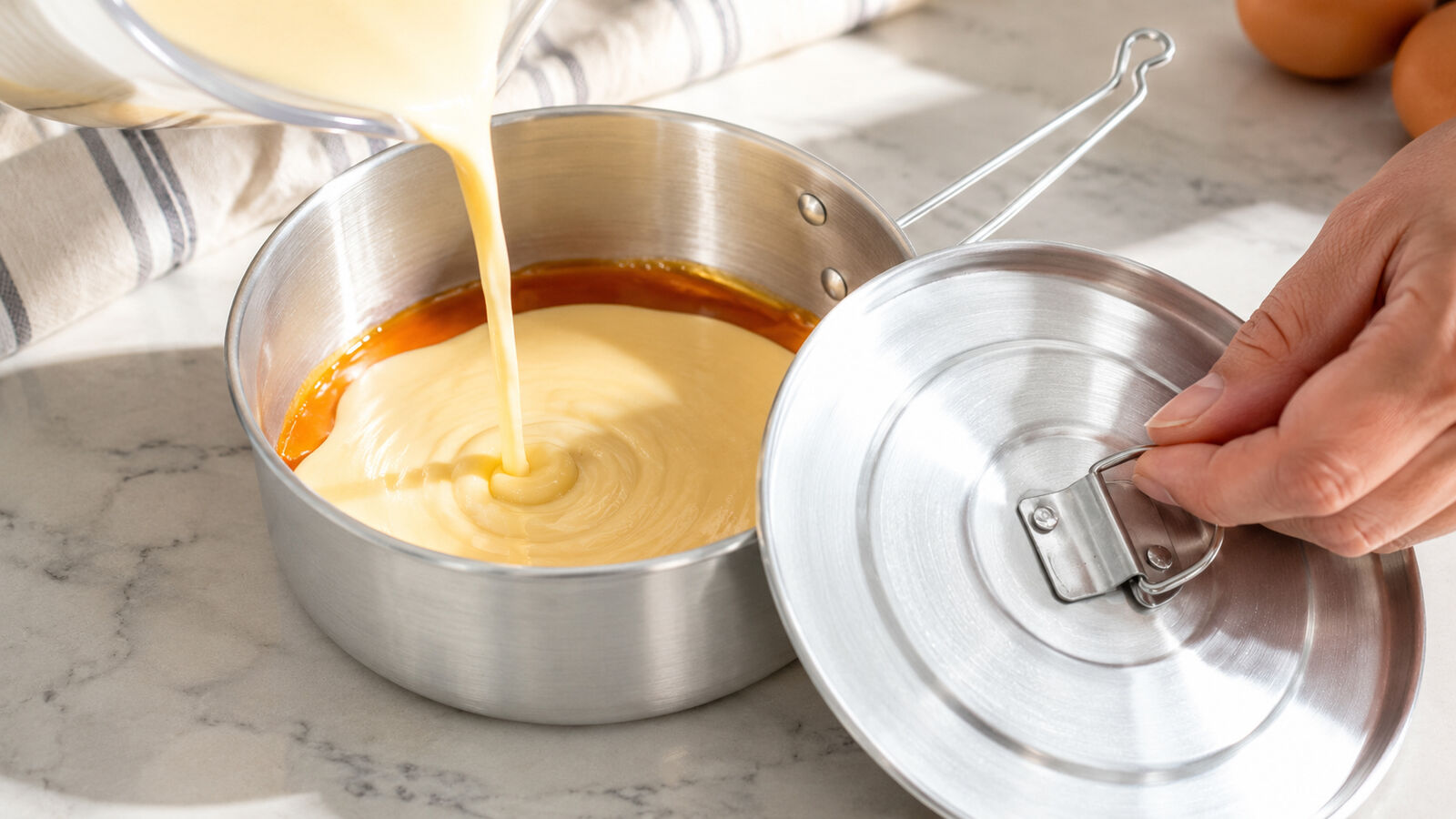 Caramel poured into the bottom of a flanera, with custard being added and the lid being secured