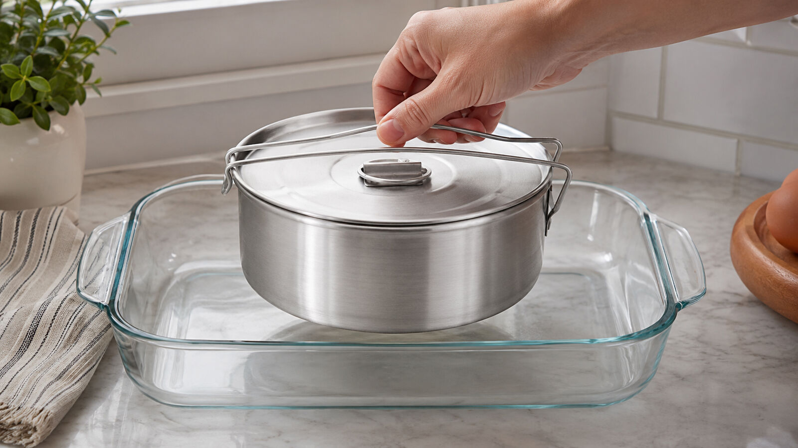 A covered flanera being set inside a larger deep glass baking pan