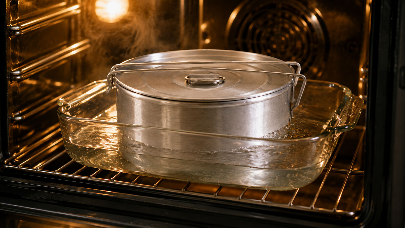 The complete water bath baking in the oven with a flan inside