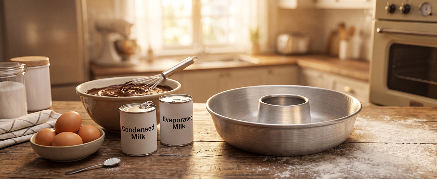 A Globe Rocket ring cake pan next to the ingredients for chocoflan, ready to assemble