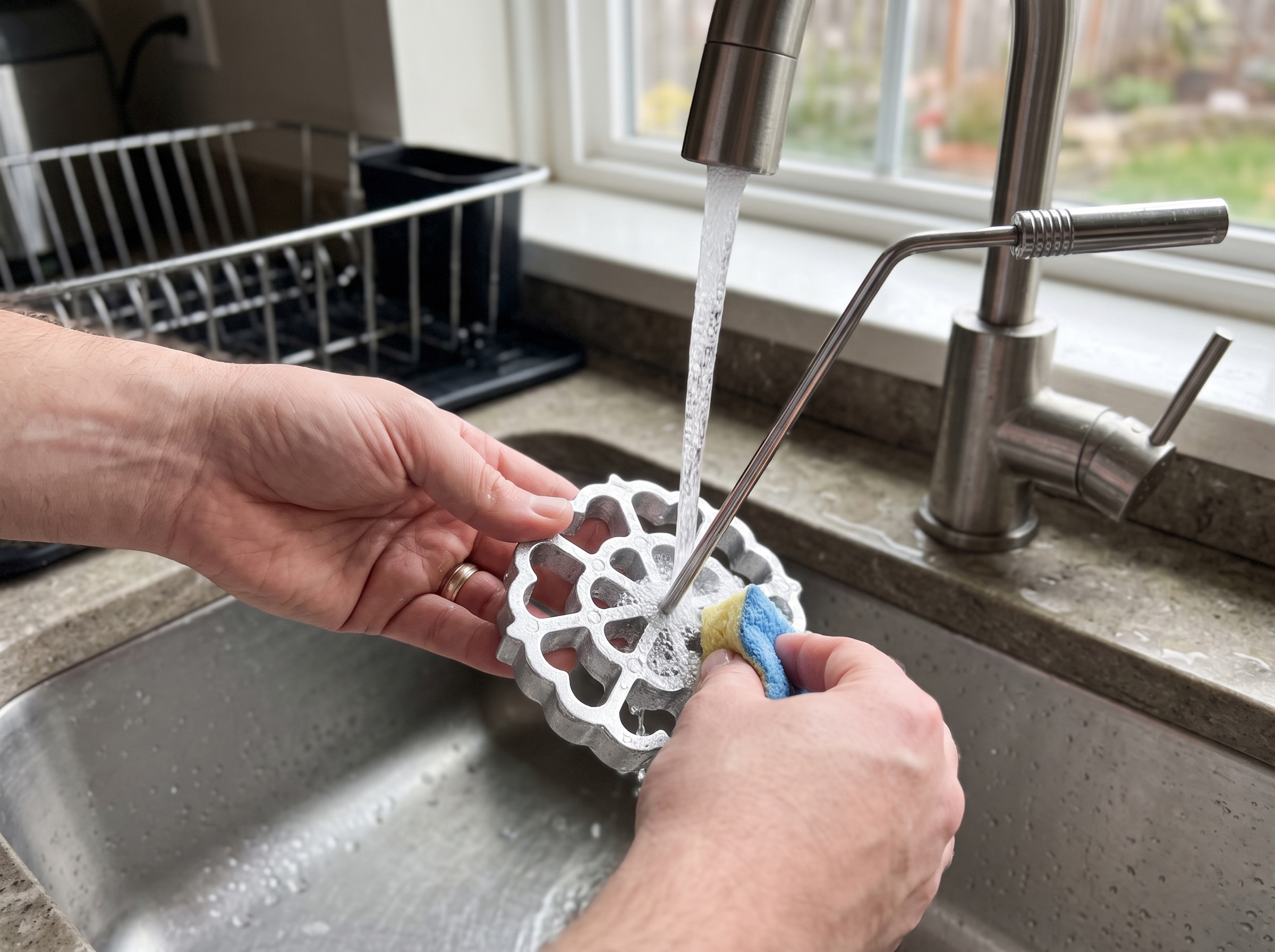 Hand-washing the cast aluminum bunuelos mold under running water at the sink