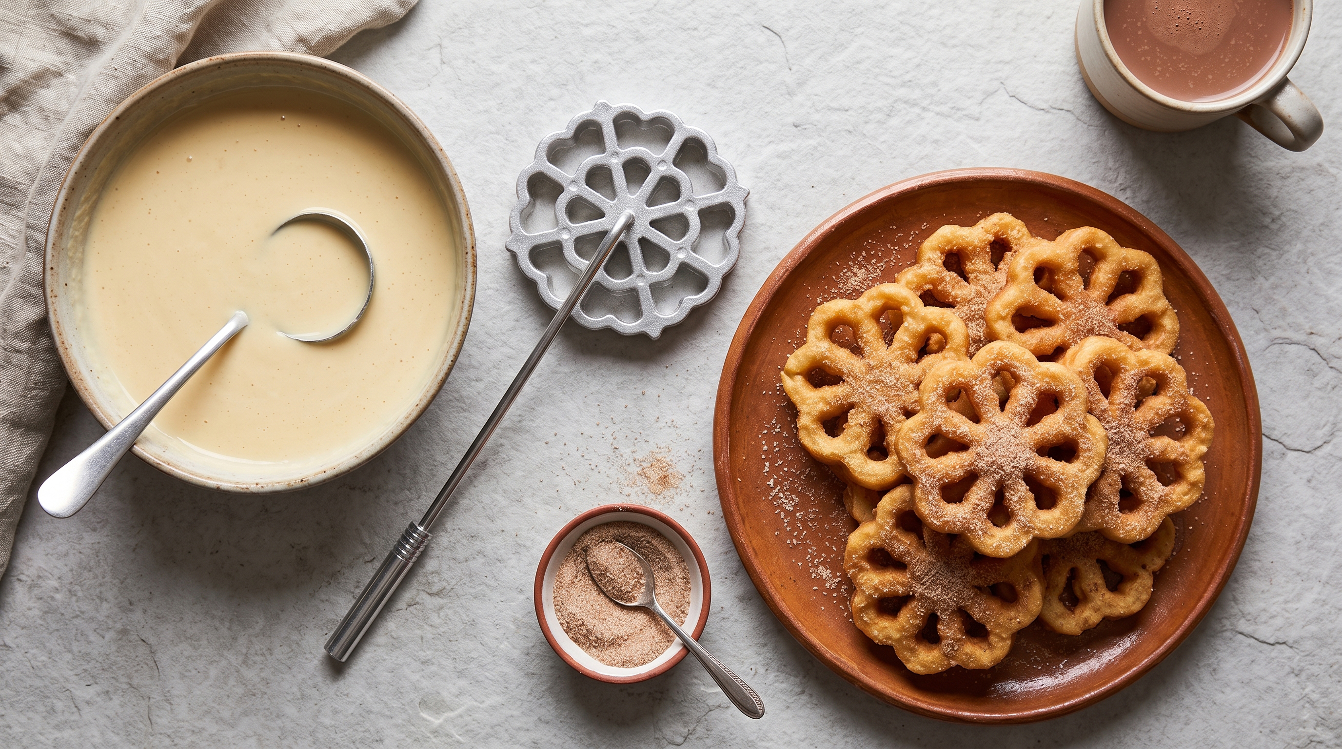 A cast aluminum bunuelos mold beside a bowl of batter and a plate of finished fried buñuelos dusted with cinnamon sugar