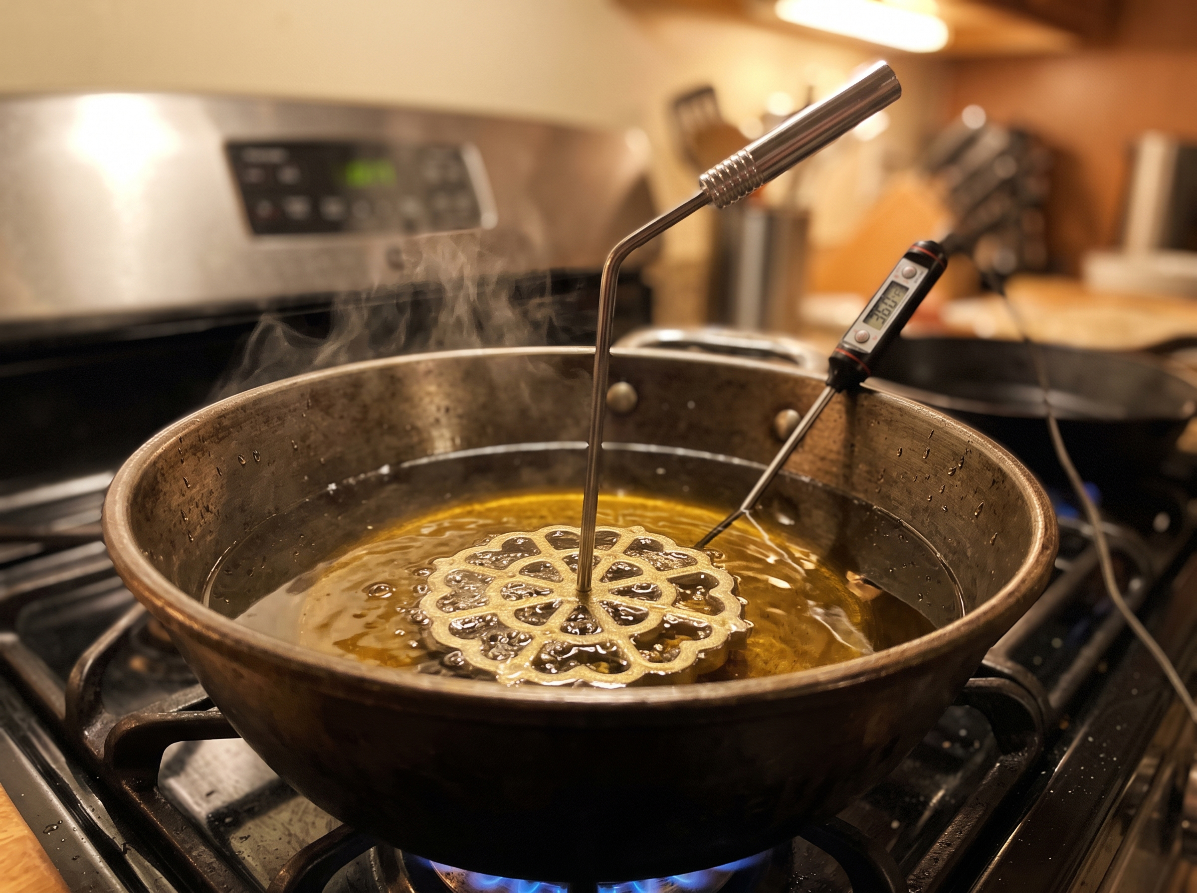 The bunuelos mold head preheating in a pot of hot oil