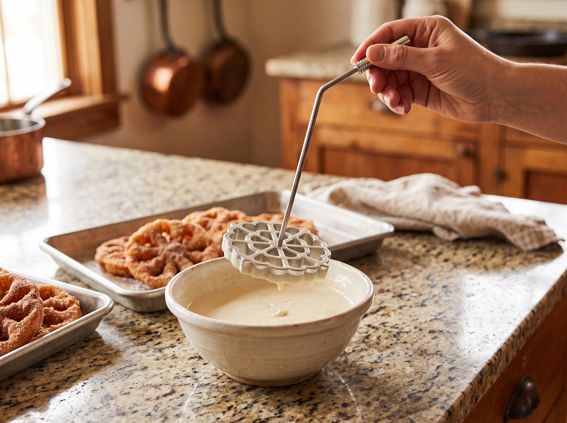 A hand dipping the heated bunuelos mold into a bowl of pale batter