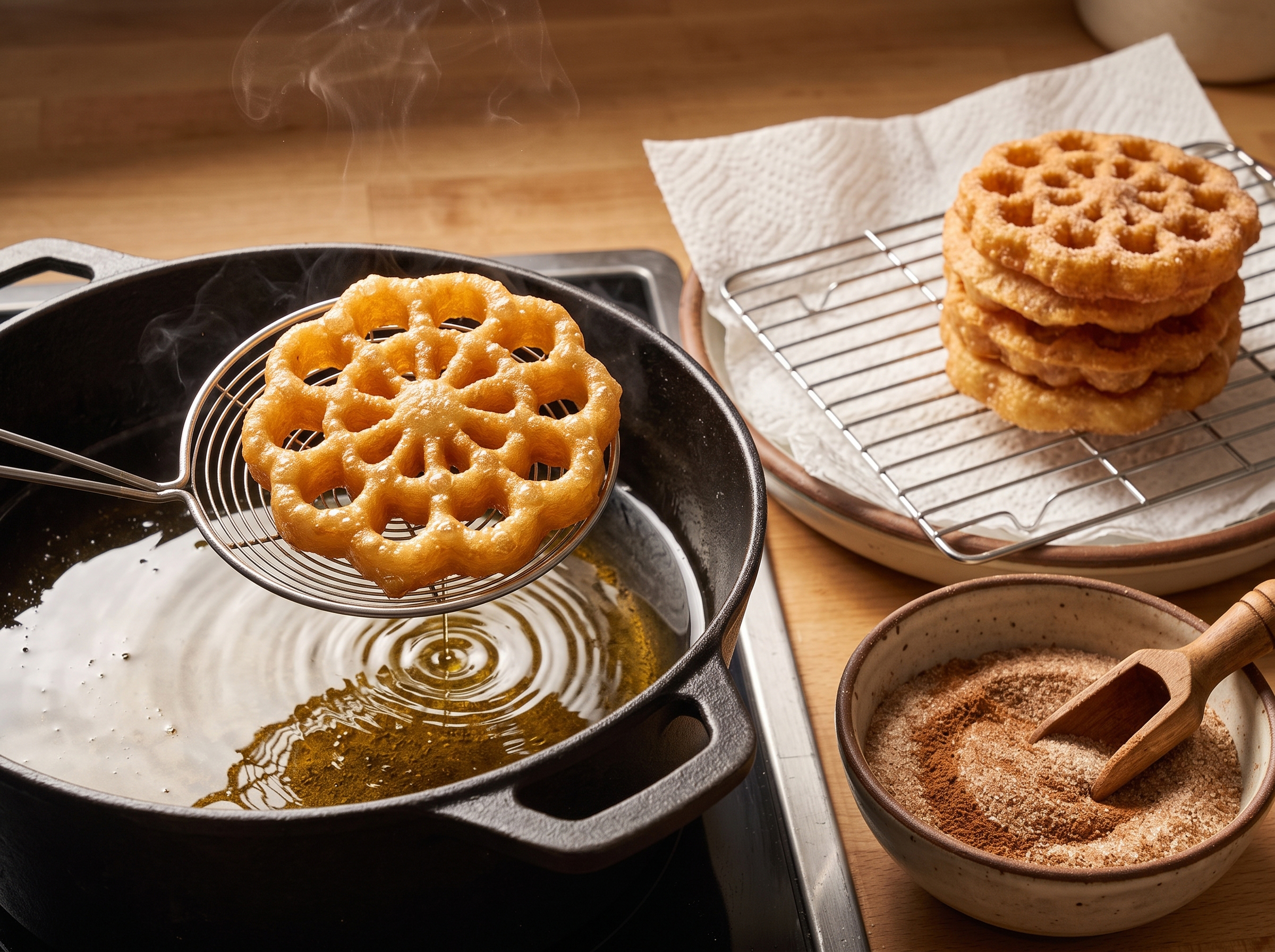 A golden fried bunuelo draining beside a bowl of cinnamon sugar