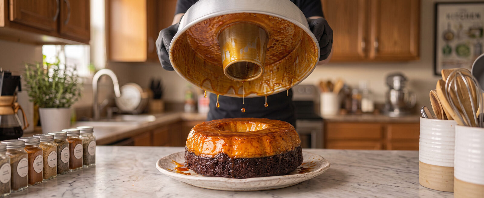 Caramel cascading down a chocoflan as it is unmolded from a ring cake pan