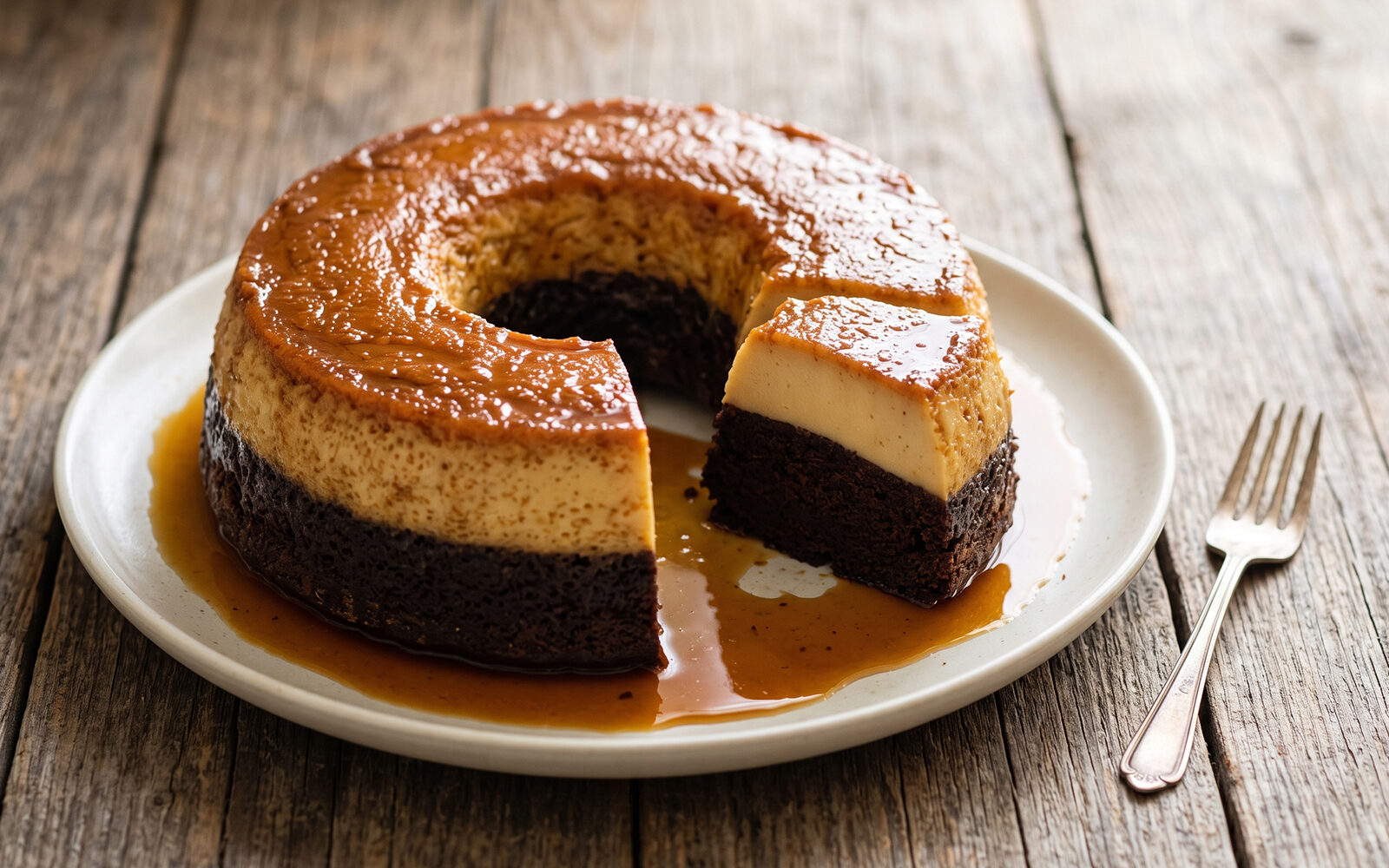 Sliced chocoflan on a plate showing the chocolate cake and flan custard layers