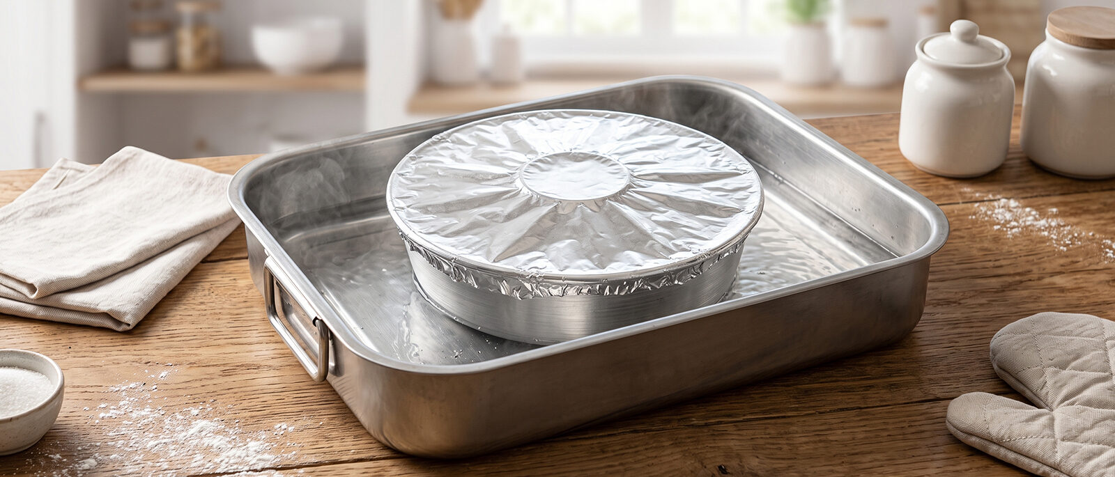 A foil-covered ring cake mold sitting in a roasting pan of hot water, ready for the oven