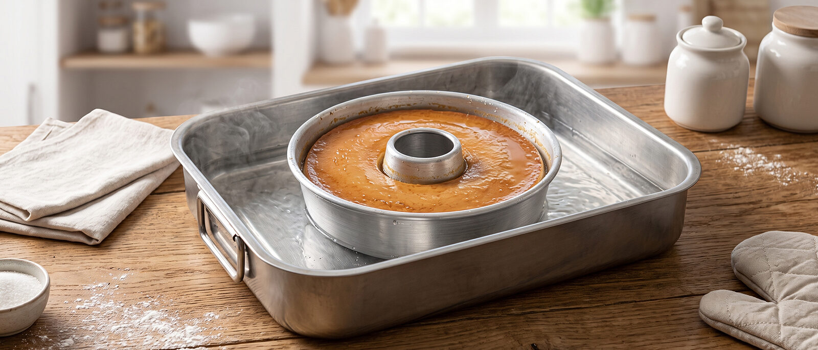 A baked chocoflan still in its ring cake pan, sitting in a steaming water bath
