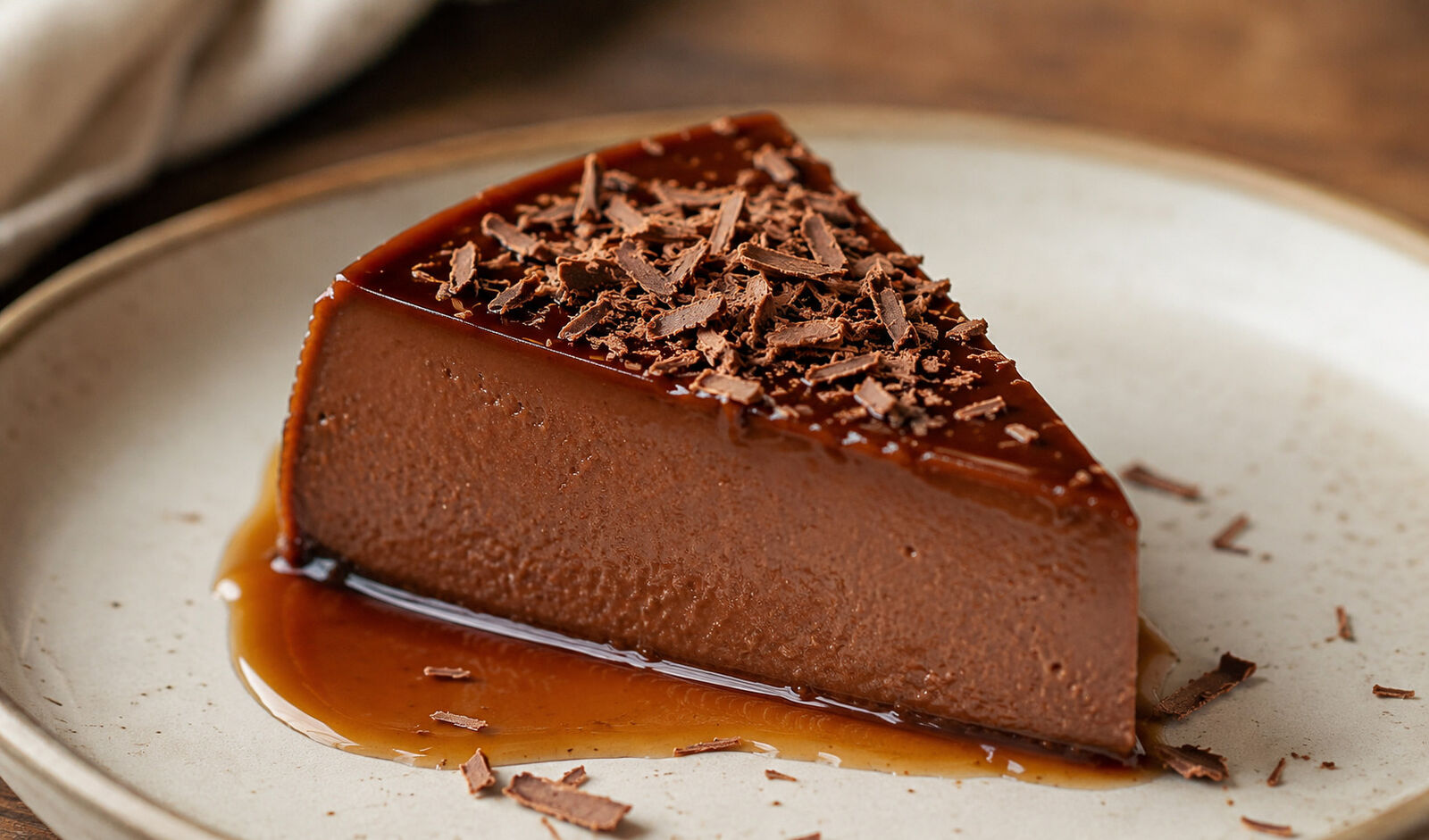 A slice of Chocolate Flan garnished with chocolate shavings