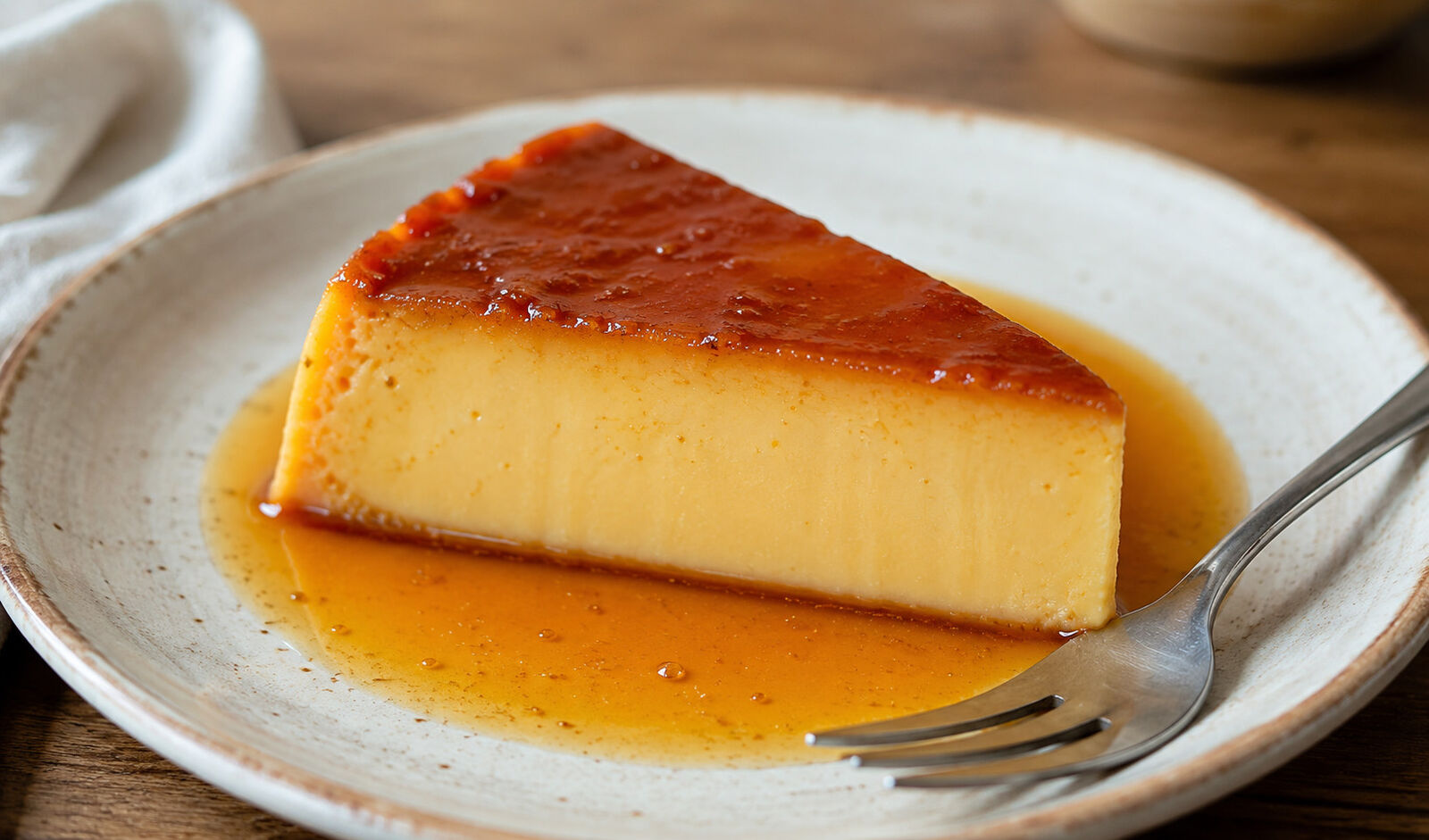 A slice of Classic Mexican Flan on a plate
