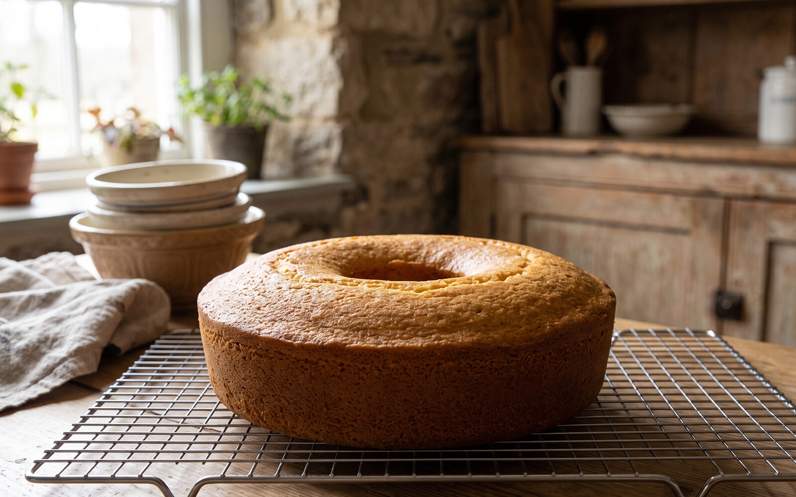 A golden ring-shaped pound cake cooling on a wire rack