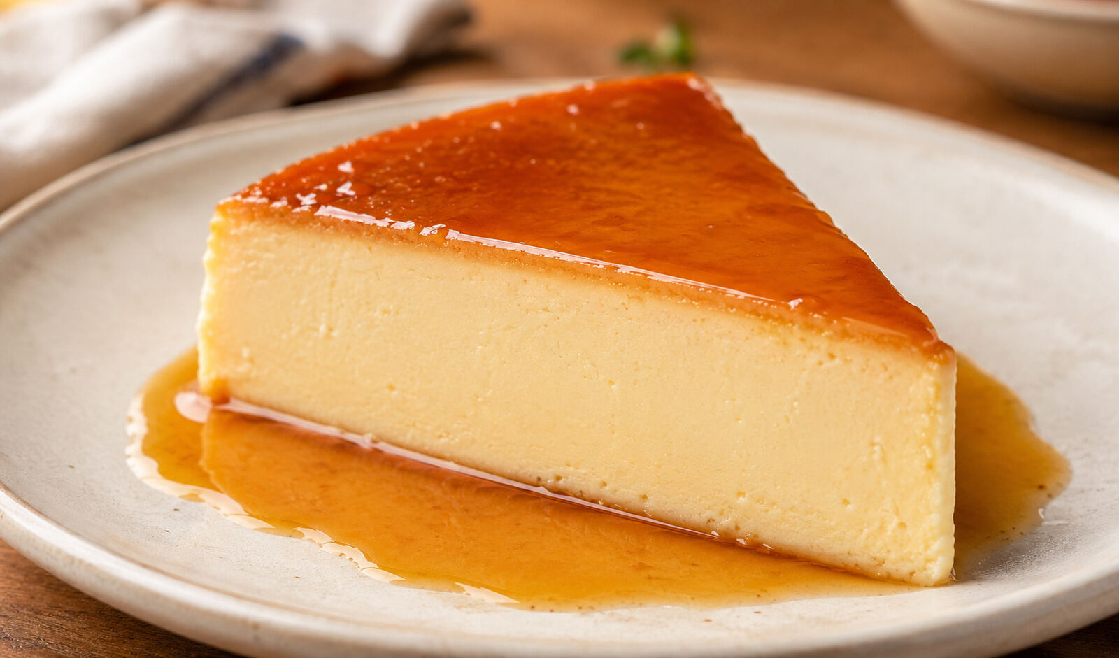 A slice of Cream Cheese Flan showing its dense texture