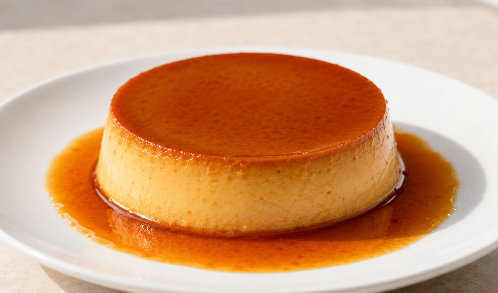 Easy Bake Creamy Caramel Flan, unmolded on a plate with caramel sauce