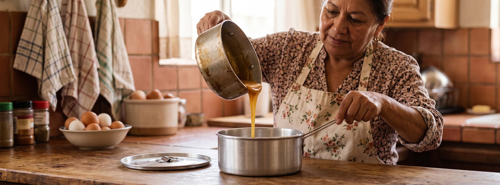A grandmother pouring caramel into a metal flanera mold in a home kitchen