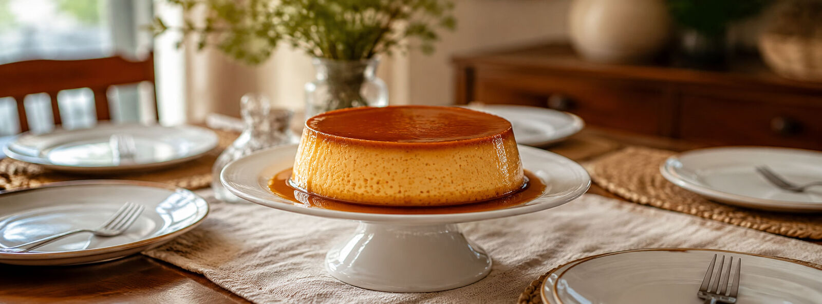 A whole flan on a cake stand at a family dinner table, surrounded by set plates
