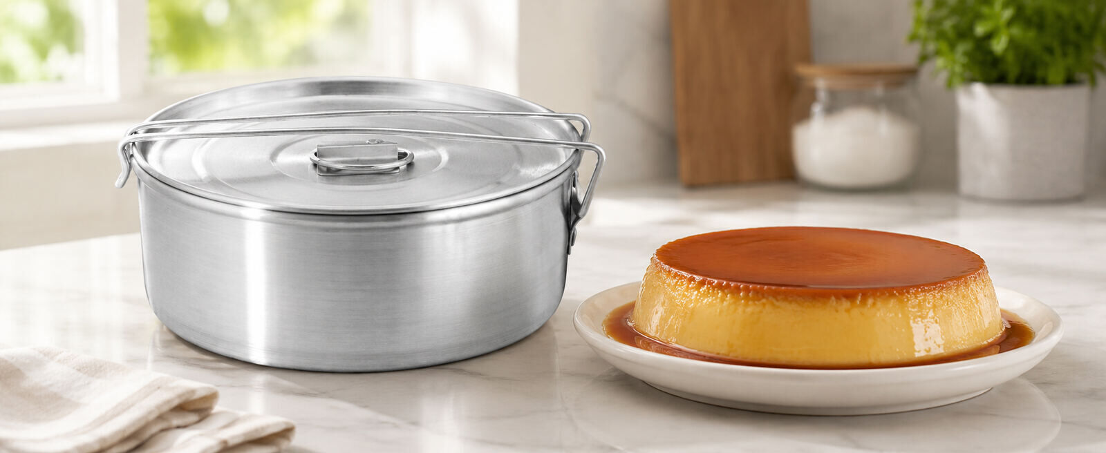 A Globe Rocket flan mold with lid next to a plated flan with caramel sauce on a marble counter