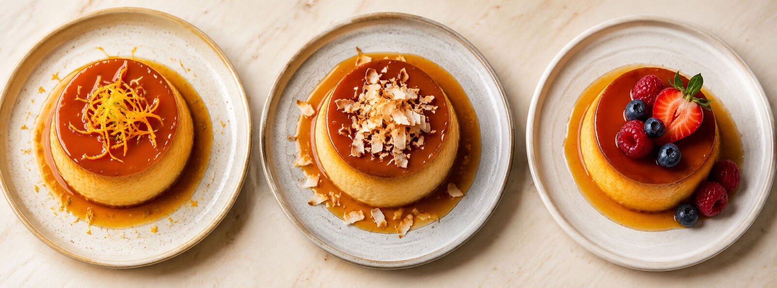 Three different flan variations plated side by side, each with different garnishes
