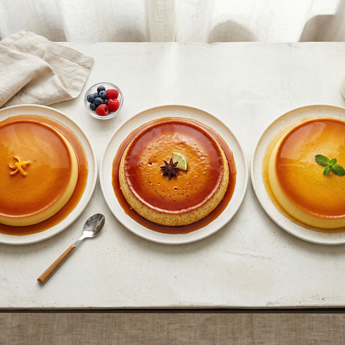 Three plates of finished flan viewed from overhead, showing different caramel and topping variations