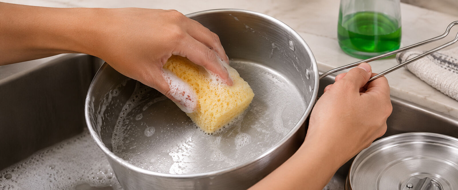 Hand washing the flan mold with a soft sponge and mild dish soap