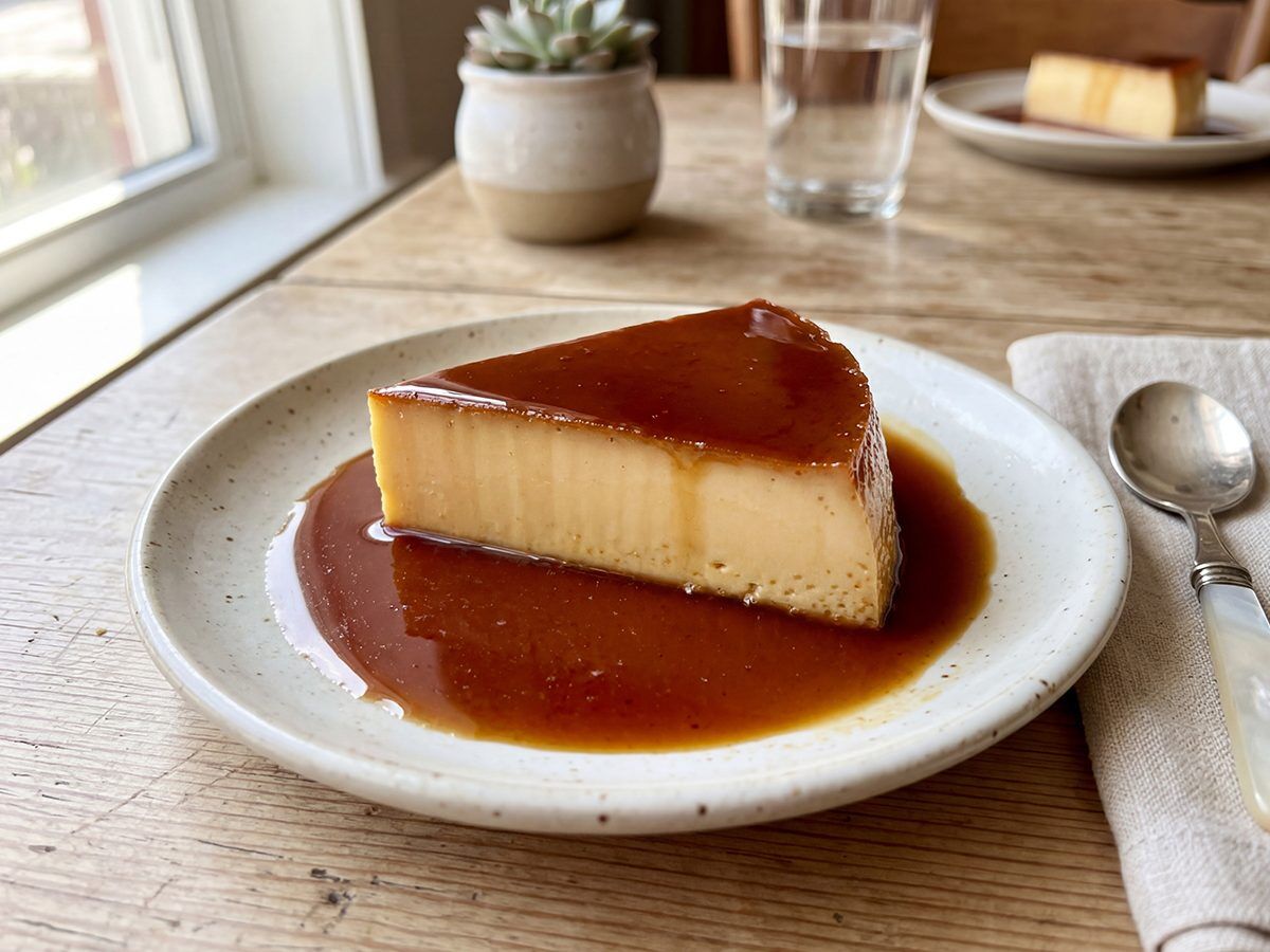 A slice of flan on a plate at a window-lit kitchen table