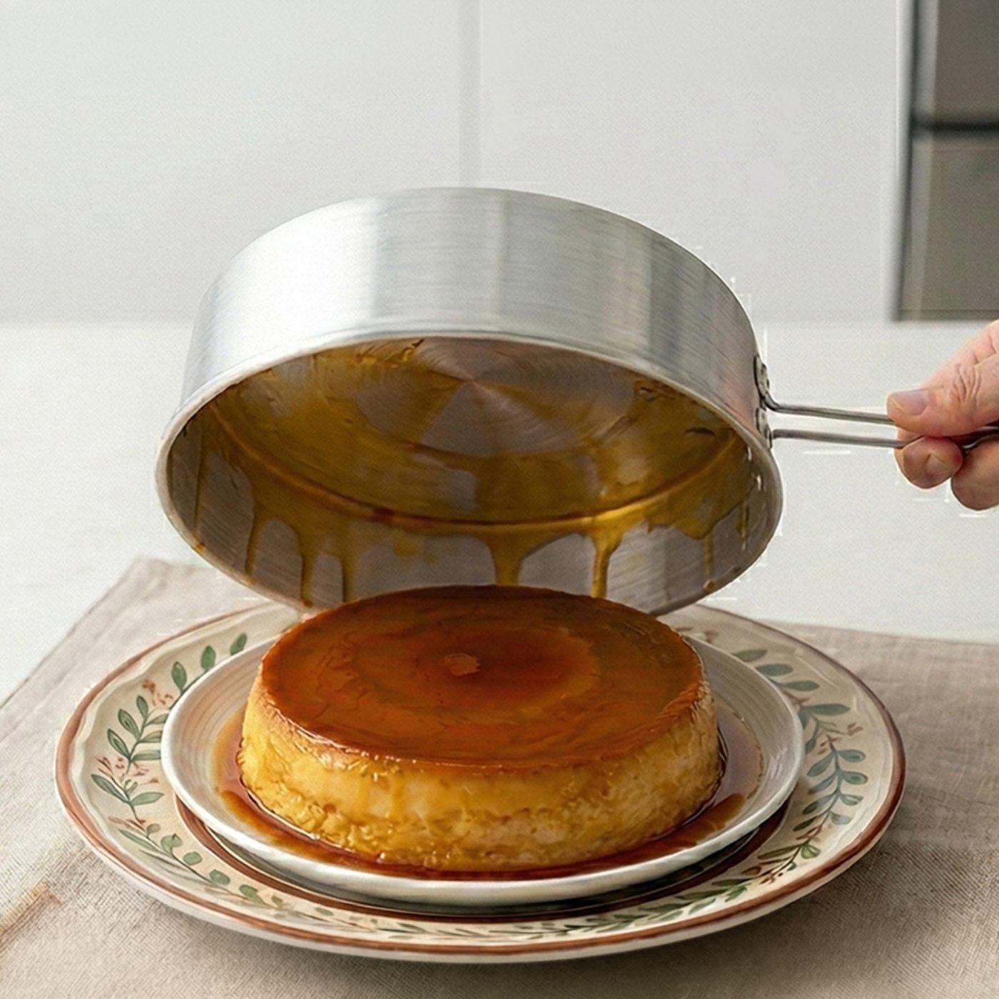 Unmolding a flan from a Globe Rocket flan mold onto a plate