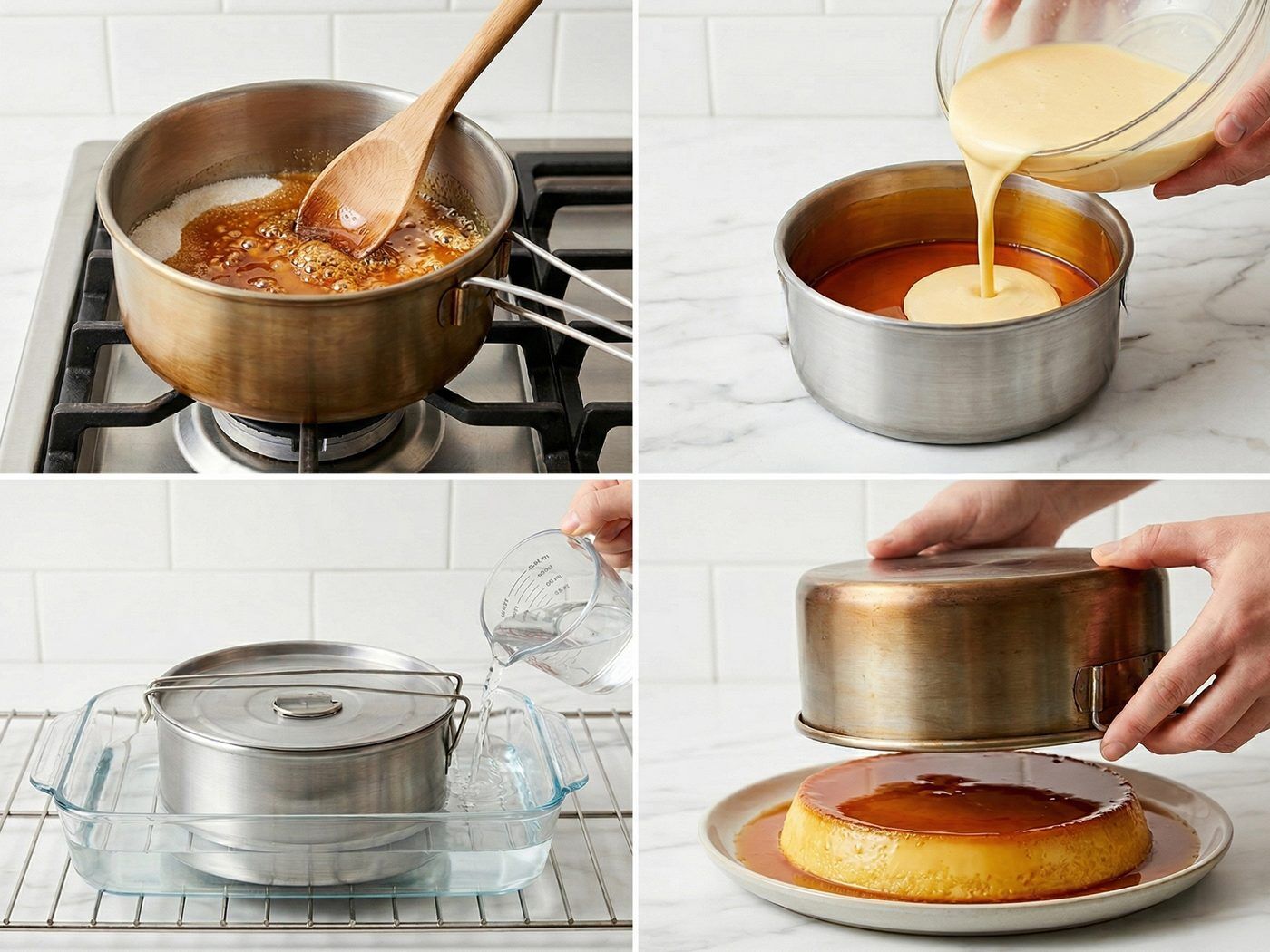 Four-panel process shot of making caramel, mixing custard, and baking flan in a water bath