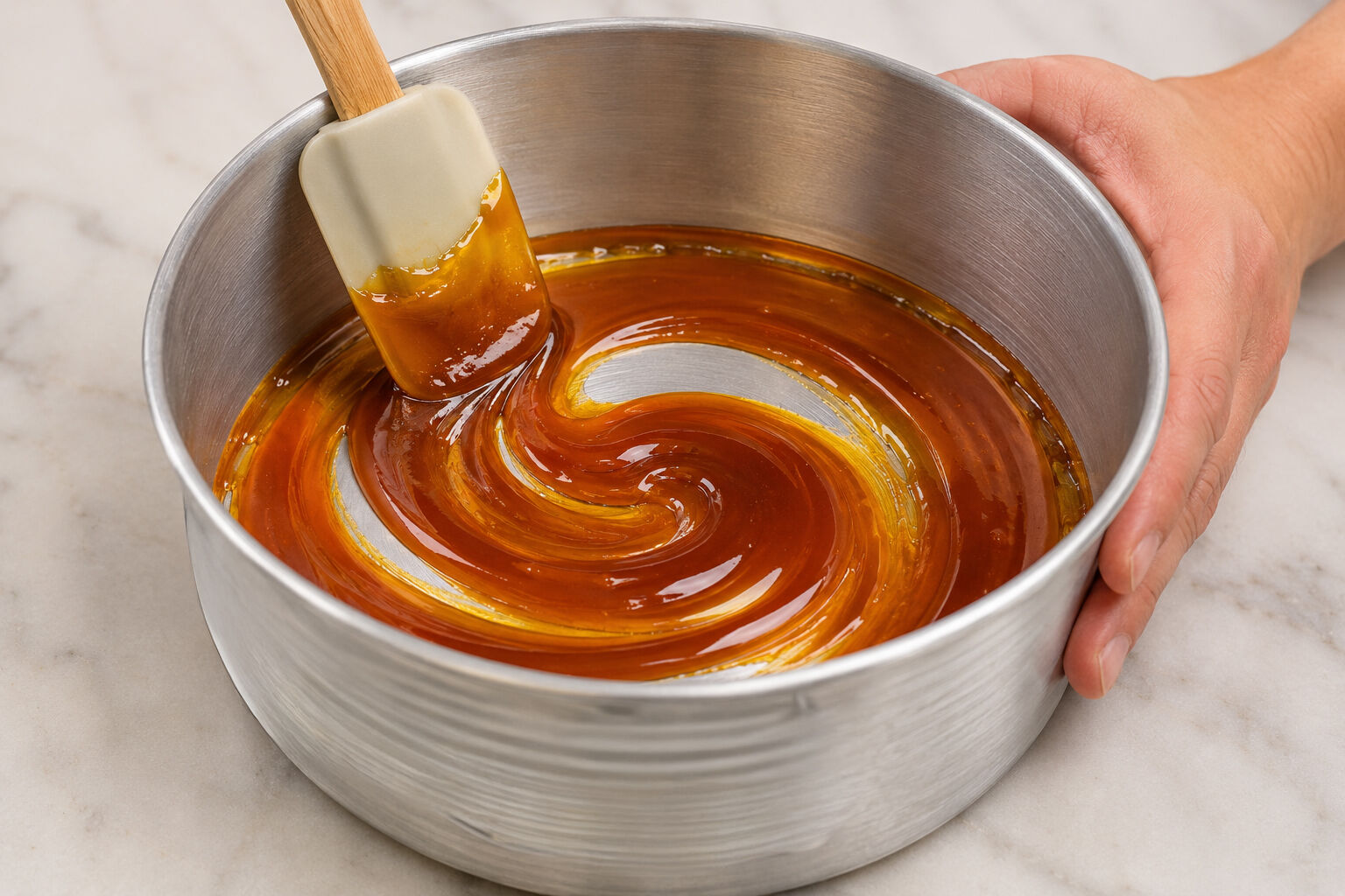 Amber caramel being swirled in the bottom of an aluminum flan mold