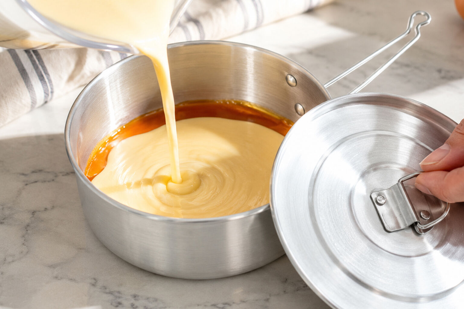 Custard mixture being poured into the mold over the caramel