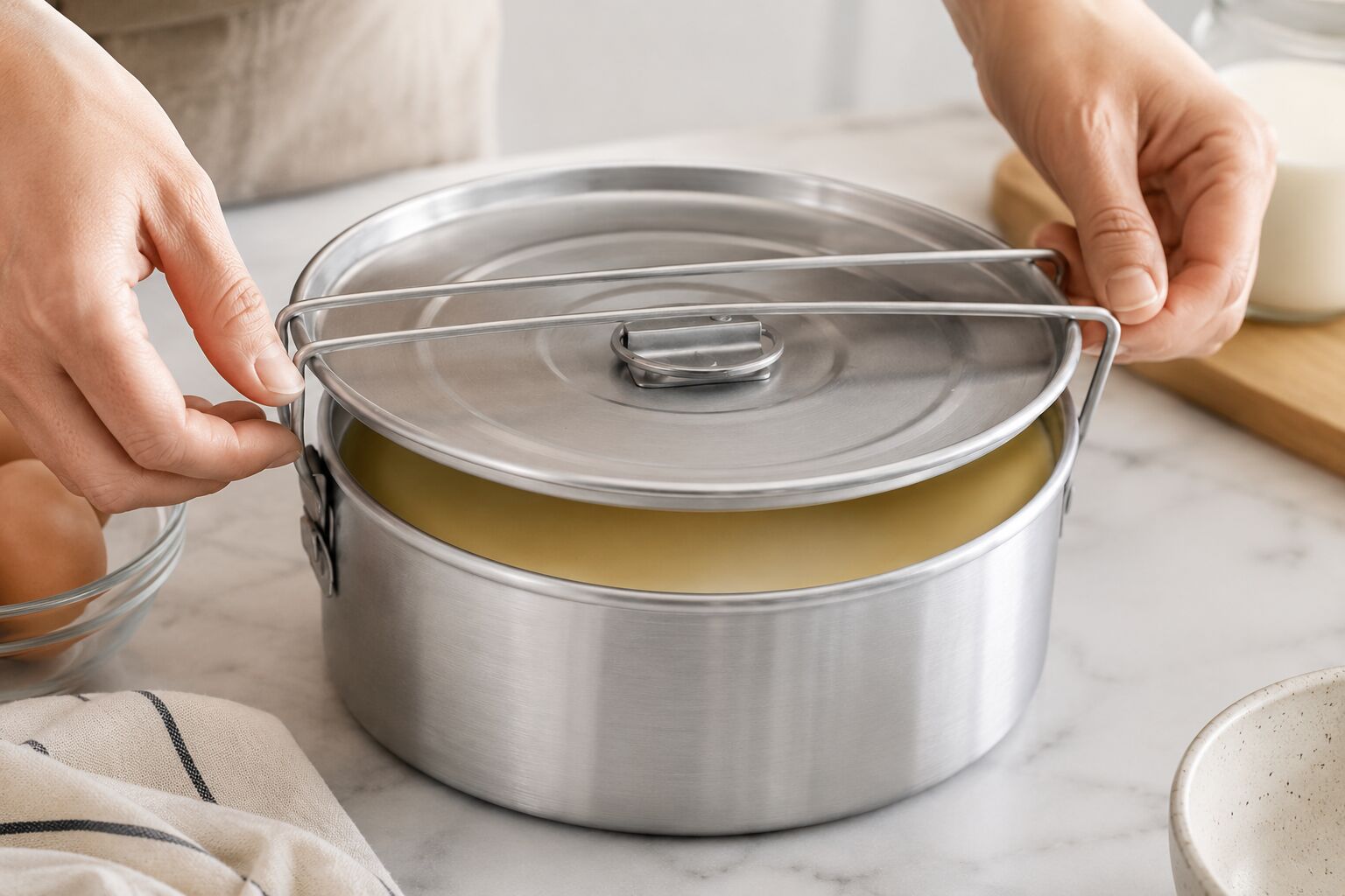 Lid being secured onto the filled flan mold
