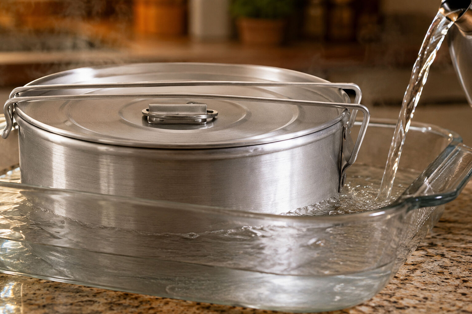 Covered flanera sitting inside a larger glass pan filled with hot water