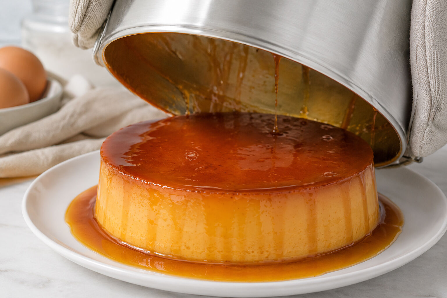 The finished flan being unmolded, caramel sauce flowing over the sides