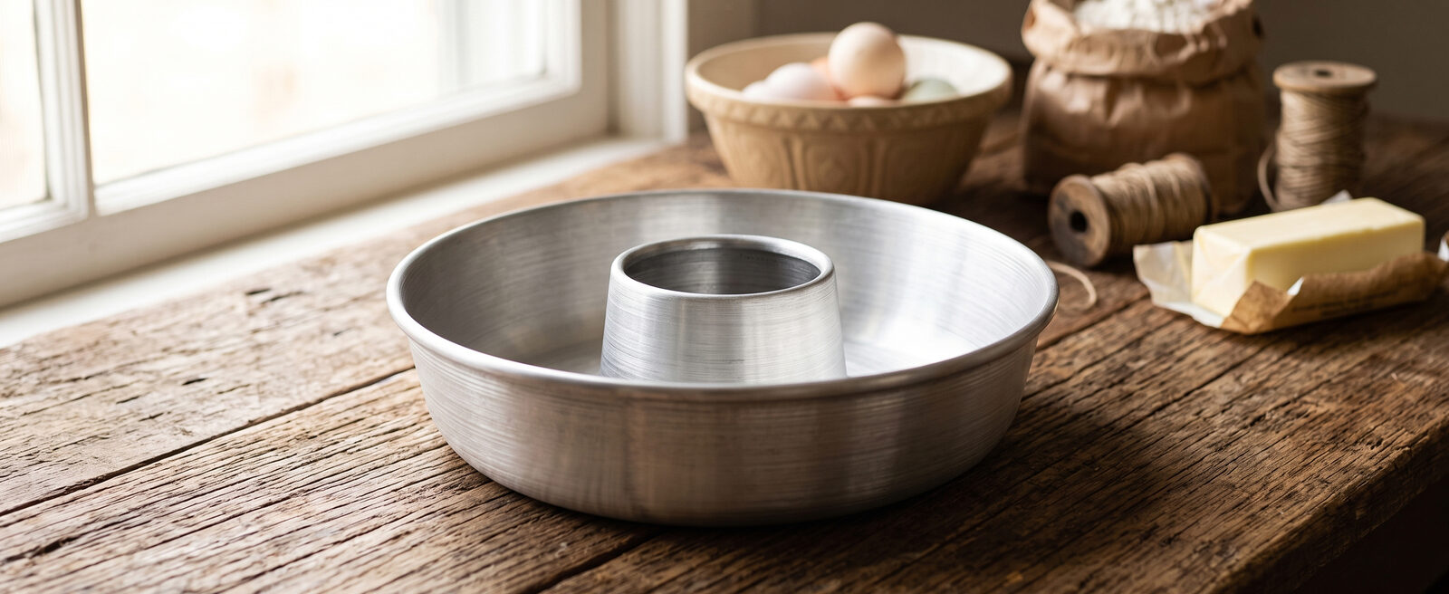 A Globe Rocket aluminum ring cake pan on a rustic wood kitchen counter