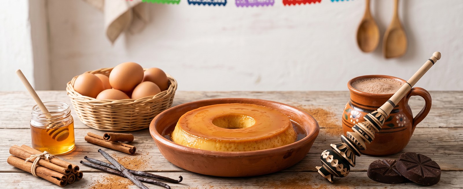 A flan mold and a traditional Mexican molinillo frothing hot chocolate, surrounded by cinnamon, vanilla, honey, and eggs on a rustic wooden table with papel picado banners overhead
