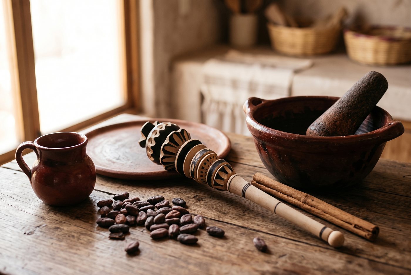 A hand-carved molinillo resting on a clay plate beside cacao beans, cinnamon sticks, and traditional clay cookware