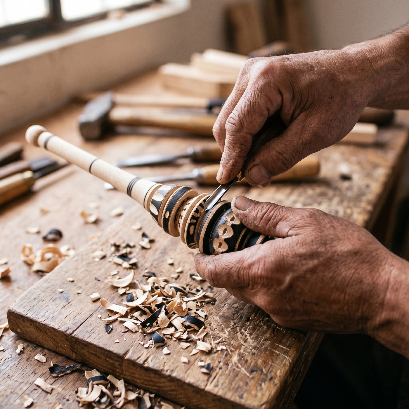 An artisan hand-carving the rings of a molinillo from a single piece of wood on a workbench