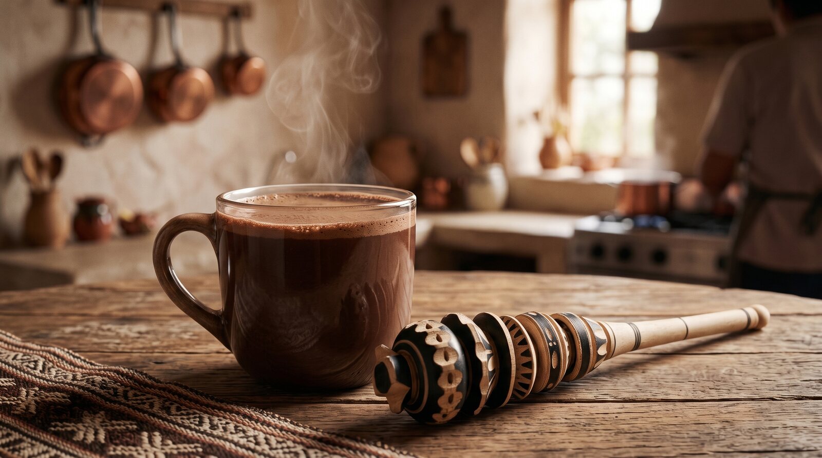 A steaming mug of champurrado, the thick chocolate-corn atole, resting beside a molinillo in a clay pot