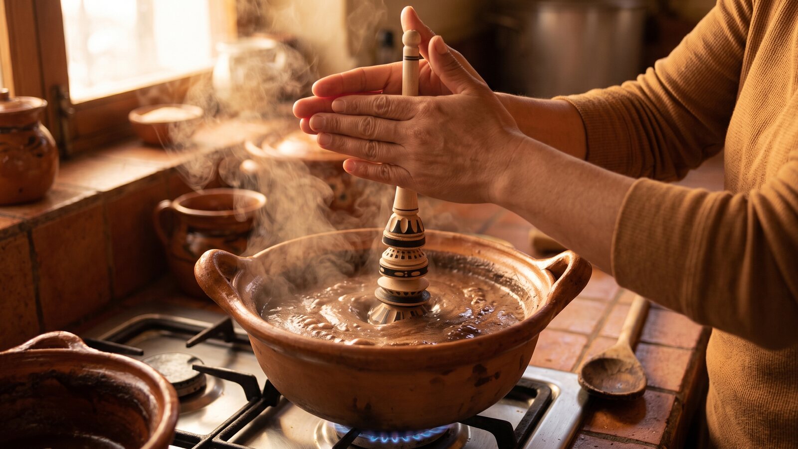 A molinillo being rolled between the palms in a large clay pot of champurrado on the stove