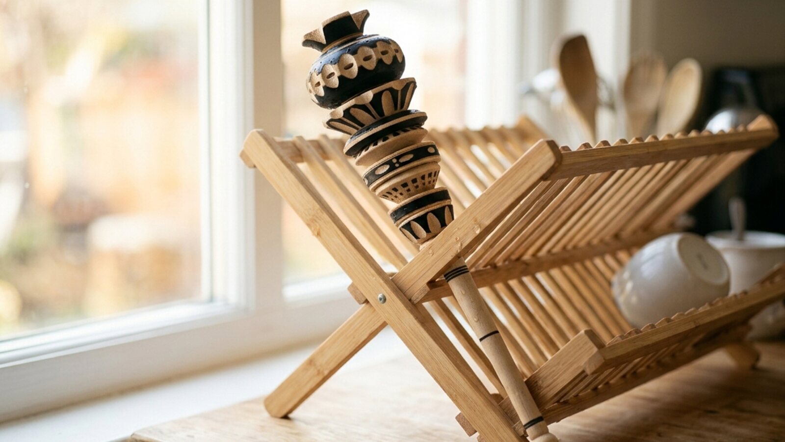 A freshly washed molinillo air-drying upright on a wood dish rack