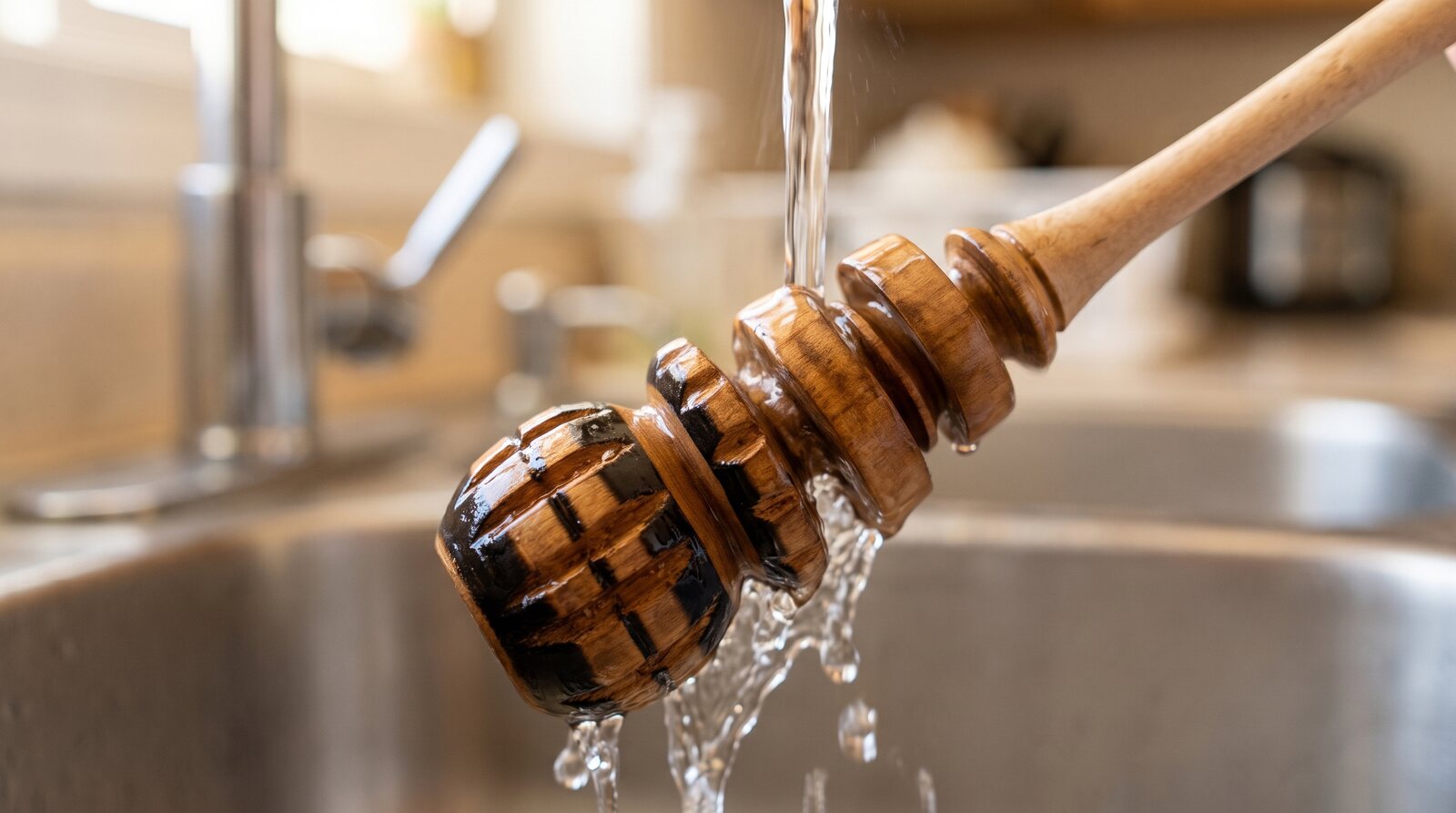 A wooden molinillo being rinsed under warm running water at a kitchen sink