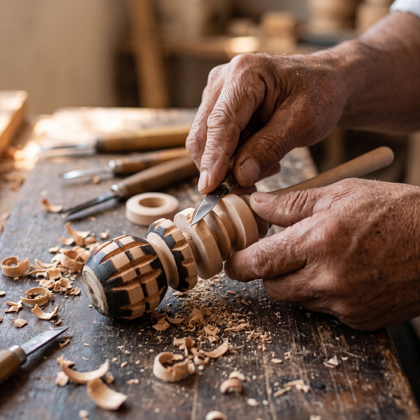 Close-up of an artisan's hands carving the free-spinning rings of a Small molinillo, wood shavings scattered on the workbench