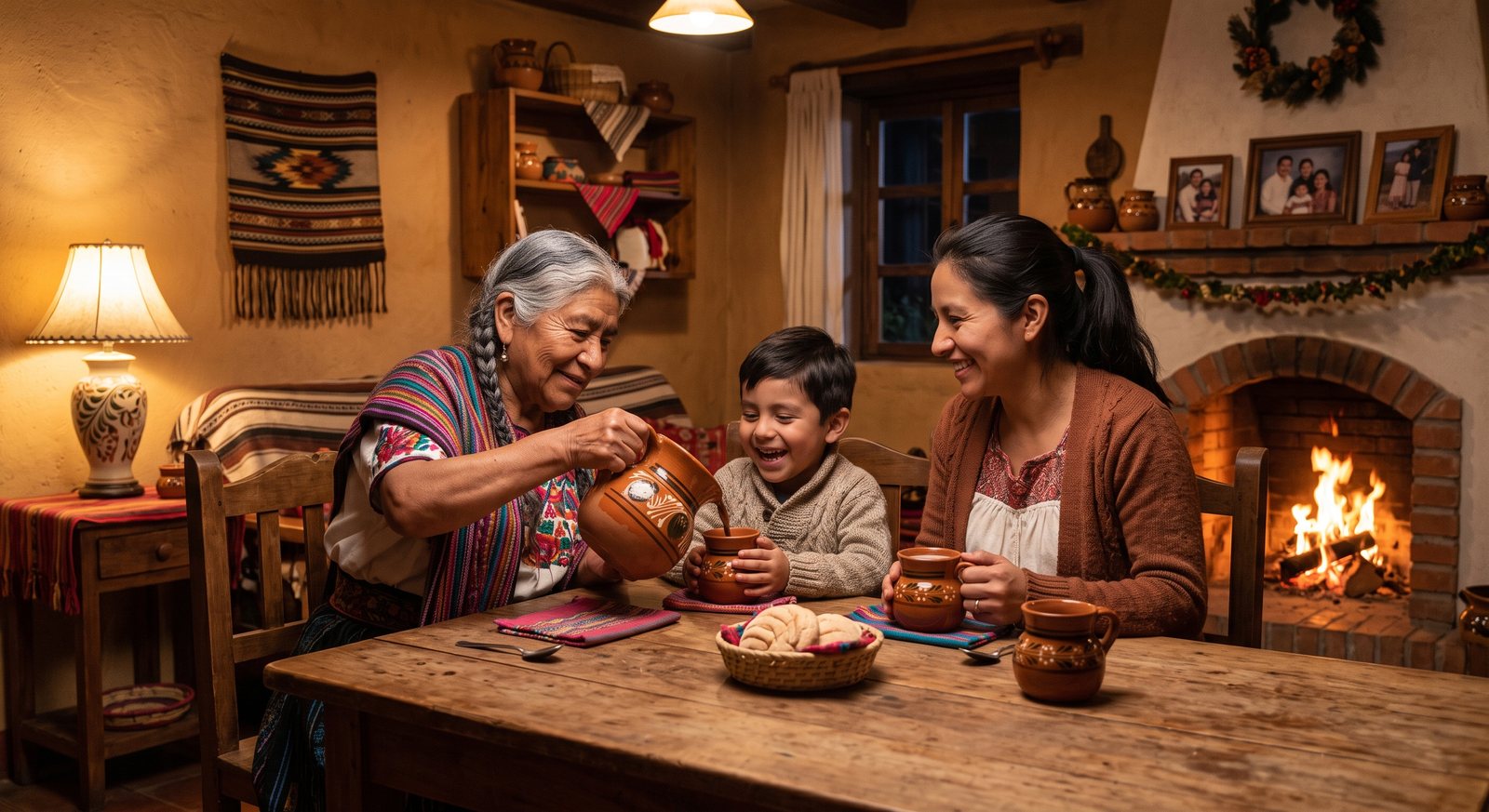 A family sharing Mexican hot chocolate poured from a clay jarro, with the molinillo resting on the table