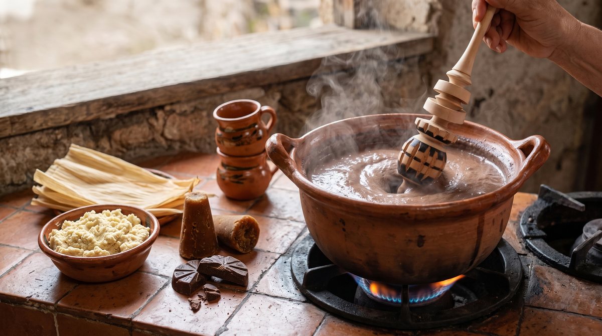 Champurrado being whisked with a molinillo in a large clay pot over an open flame, corn husks nearby