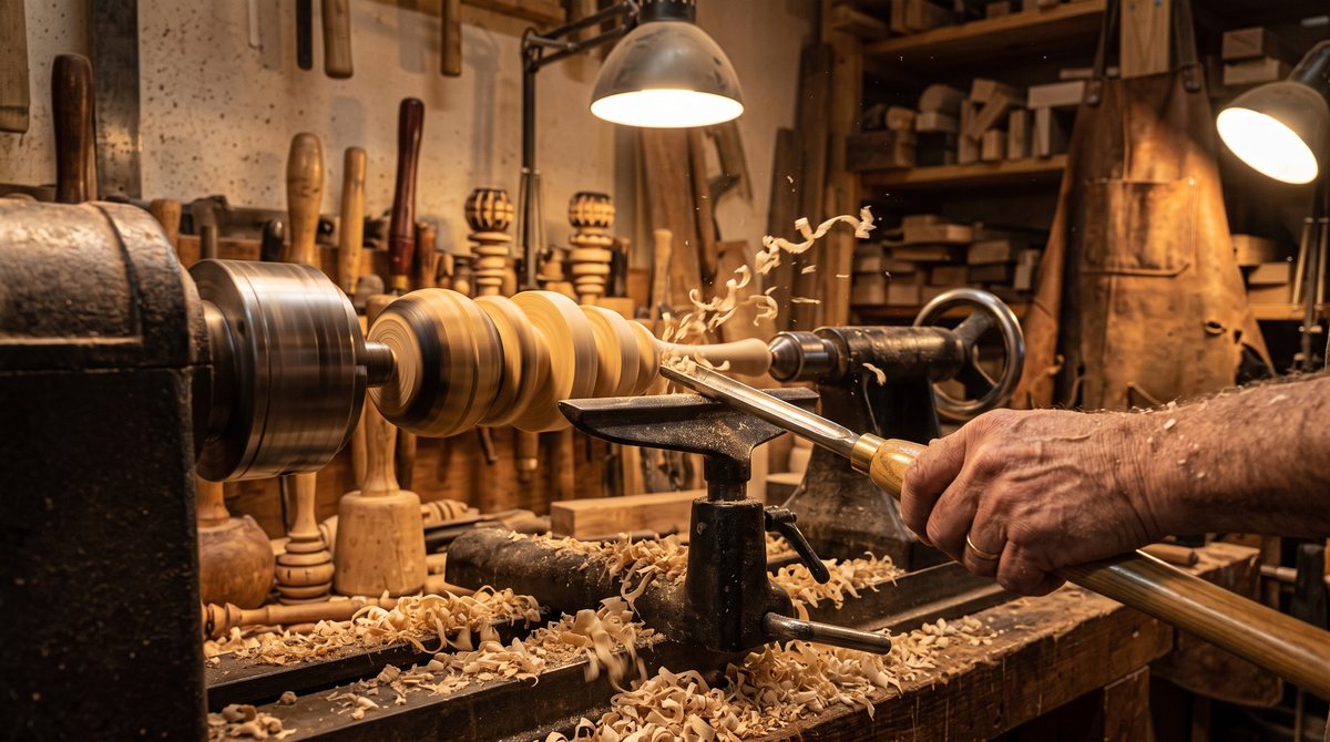 A molinillo mid-turn on a woodworking lathe, wood shavings scattered across the workshop bench