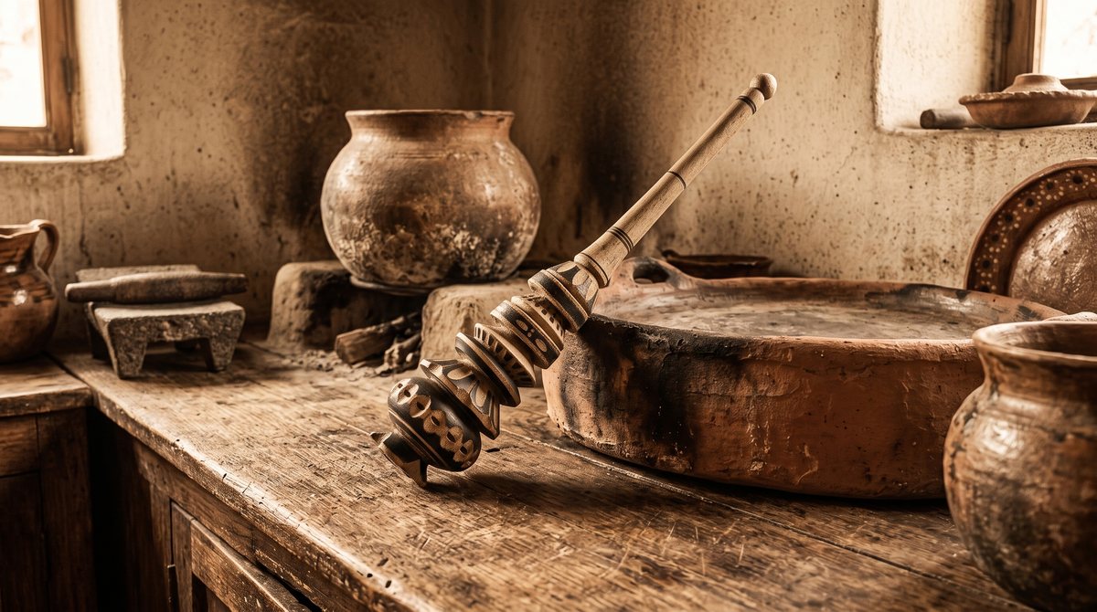 A weathered, old-world Mexican kitchen with a molinillo resting against a traditional clay pot
