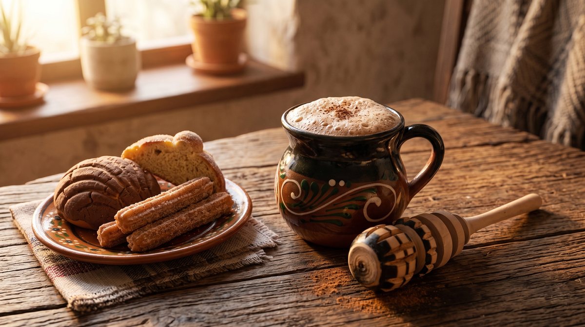 A mug of frothy Mexican hot chocolate with pan dulce and churros on a rustic wood table