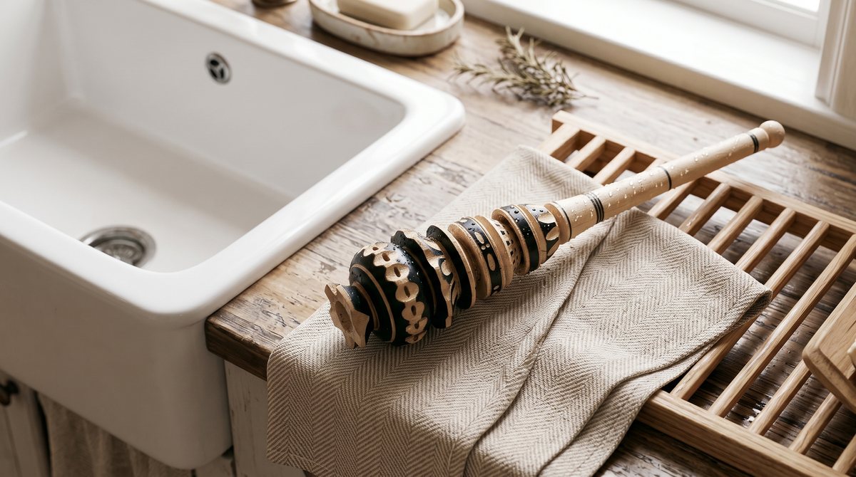 A freshly washed molinillo air-drying on a wood dish rack beside a farmhouse sink